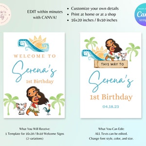 Op de afbeelding: Twee printbare welkomstborden voor een eerste verjaardagsfeest met een tropisch thema. De borden tonen een cartoonmeisje met bruin haar en een bloem in haar haar, een witte hond en een haan. De tekst op de borden luidt "Welkom bij Serena's 1e verjaardag" en "Deze weg naar Serena's 1e verjaardag 04.18.23".