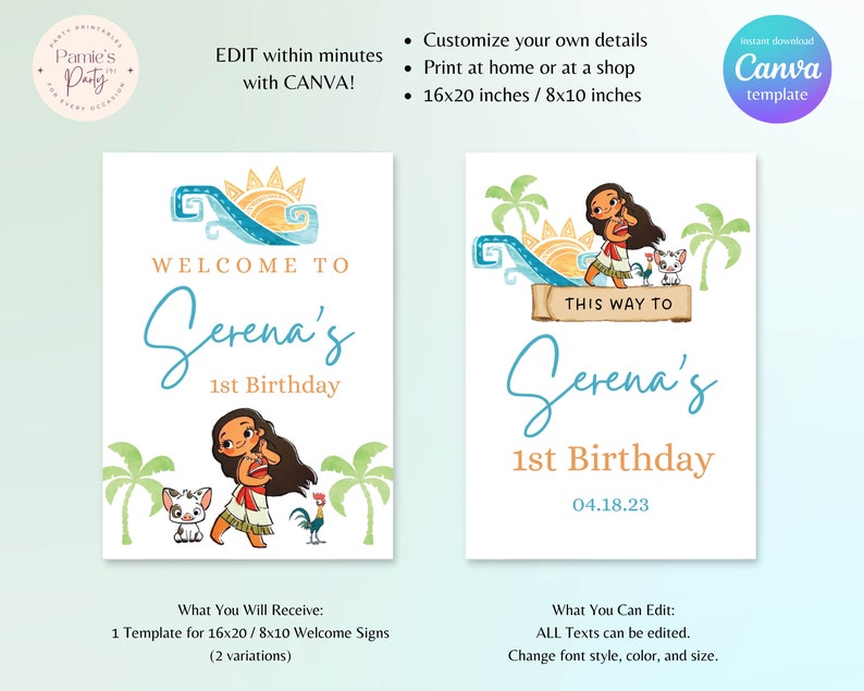 Op de afbeelding: Twee printbare welkomstborden voor een eerste verjaardagsfeest met een tropisch thema. De borden tonen een cartoonmeisje met bruin haar en een bloem in haar haar, een witte hond en een haan. De tekst op de borden luidt "Welkom bij Serena's 1e verjaardag" en "Deze weg naar Serena's 1e verjaardag 04.18.23".