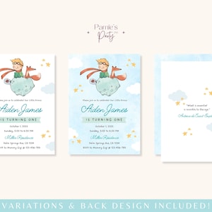 May include: A blue and white invitation with a watercolor illustration of a fox and a boy on a moon. The text reads "Please join us to celebrate our little prince Aiden James is turning one. October 1, 2023. Sunday, 3:00 to 6:00 PM. Miller Residence. Palm Springs Ave. CA 1234. RSVP to Mommy Gigi at 123-456-789". The back of the invitation has a quote from Antoine de Saint-Exup&eacute;ry: "What is essential is invisible to the eye."