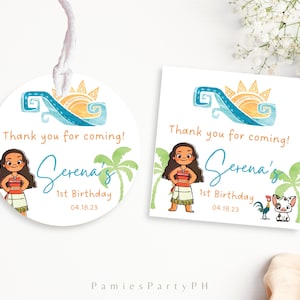 Moana Favor Tags, Moana Aufkleber Etiketten, bearbeitbare Geschenkanhänger, Taschenetiketten, Minimalistisch | Bearbeitet mit Canva