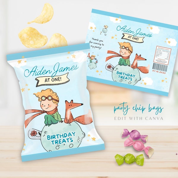 Editable The Little Prince Chip Bag, 1st Birthday Treats, Prince Birthday Party, Boy Theme, Candy Bag | Canva Template 005