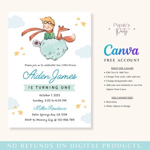 May include: A printable invitation for a first birthday party with a Little Prince theme. The invitation features a cartoon illustration of a boy in a pilot's outfit sitting on a planet with a fox. The text on the invitation reads "Please join us to celebrate! Our Little Prince Aiden James is turning one. October 1, 2023 Sunday, 3:00 to 6:00 PM Miller Residence Palm Springs Ave, CA 1234 RSVP to Mommy Gigi @ 123-456-789".