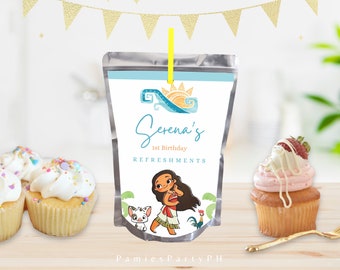 Moana Juice Pouch Label, Tropical Party Decor (Canva Template)