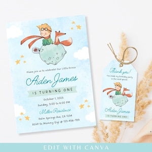 May include: A blue and white invitation with a watercolor illustration of a little prince character from the book The Little Prince. The invitation is for Aiden James's first birthday party. The text on the invitation reads "Please join us to celebrate! Our Little Prince Aiden James is turning one. October 1, 2023, Sunday, 3:00 to 6:00 PM, Miller Residence, Palm Springs Ave, CA 1234, RSVP to Mommy Gigi @ 123-456-789". There is also a matching thank you tag with the same illustration and text that reads "Thank you! You made my birthday party so fun and special. Aiden James is turning one."