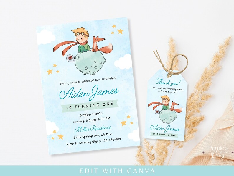 May include: A blue and white invitation with a watercolor illustration of a little prince character from the book The Little Prince. The invitation is for Aiden James's first birthday party. The text on the invitation reads "Please join us to celebrate! Our Little Prince Aiden James is turning one. October 1, 2023, Sunday, 3:00 to 6:00 PM, Miller Residence, Palm Springs Ave, CA 1234, RSVP to Mommy Gigi @ 123-456-789". There is also a matching thank you tag with the same illustration and text that reads "Thank you! You made my birthday party so fun and special. Aiden James is turning one."