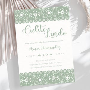 Salviagrön babyshowerinbjudan, mexikansk Talavera, Papel Picado, redigerbar (digital fil)