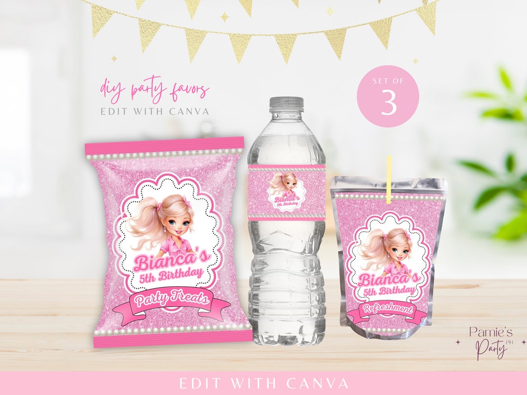 DIY Pink Doll Party Favors, Editable Party Bundle, Girl Birthday