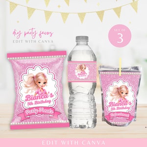 DIY Pink Doll Party Favors, Editable Party Bundle, Girl Birthday Printables, Pink Favor Bags, Pink Glitter | Edit with Canva