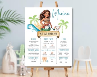 Tablero de hitos del primer cumpleaños de Moana, temática hawaiana (plantilla editable de Canva)
