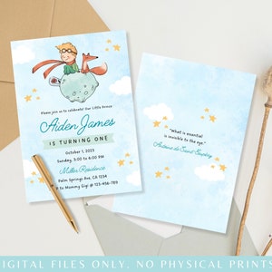 May include: A blue and white invitation with a watercolor background featuring a cartoon illustration of the Little Prince and his fox. The invitation is for Aiden James's first birthday party. The text on the invitation reads "Please join us to celebrate! Our Little Prince Aiden James is turning one. October 1, 2023 Sunday, 3:00 to 6:00 PM Miller Residence Palm Springs Ave, CA 1234 to Mommy Gigi @ 123-456-789". The back of the invitation features a quote from Antoine de Saint Exup&eacute;ry: "What is essential is invisible to the eye."
