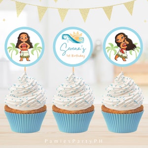 Moana Cupcake Toppers, Editable Toppers, Food Labels, Minimalist | Edit with Canva