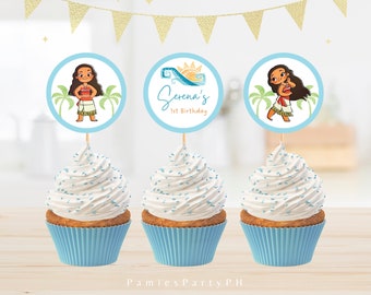 Moana Cupcake Toppers, Editable Toppers, Food Labels, Minimalist | Edit with Canva