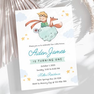 Invitación editable de El Principito, invitación para el primer cumpleaños, fiesta de cumpleaños del príncipe, invitación para niño / Editar con Canva