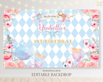 May include: A blue and white checkered backdrop with pink flowers and teacups. The text "Welcome to Ysabella's 1st Birthday" is written in gold letters.  Personalized Editable Backdrop.
