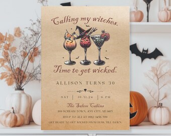 Può includere: Un invito a tema Halloween con le frasi "Calling my witches" e "Time to get wicked." L'invito presenta illustrazioni di tre bicchieri da cocktail con guarnizioni a tema strega. L'invito è per il 30° compleanno di Allison, presso The Salem Cabins.