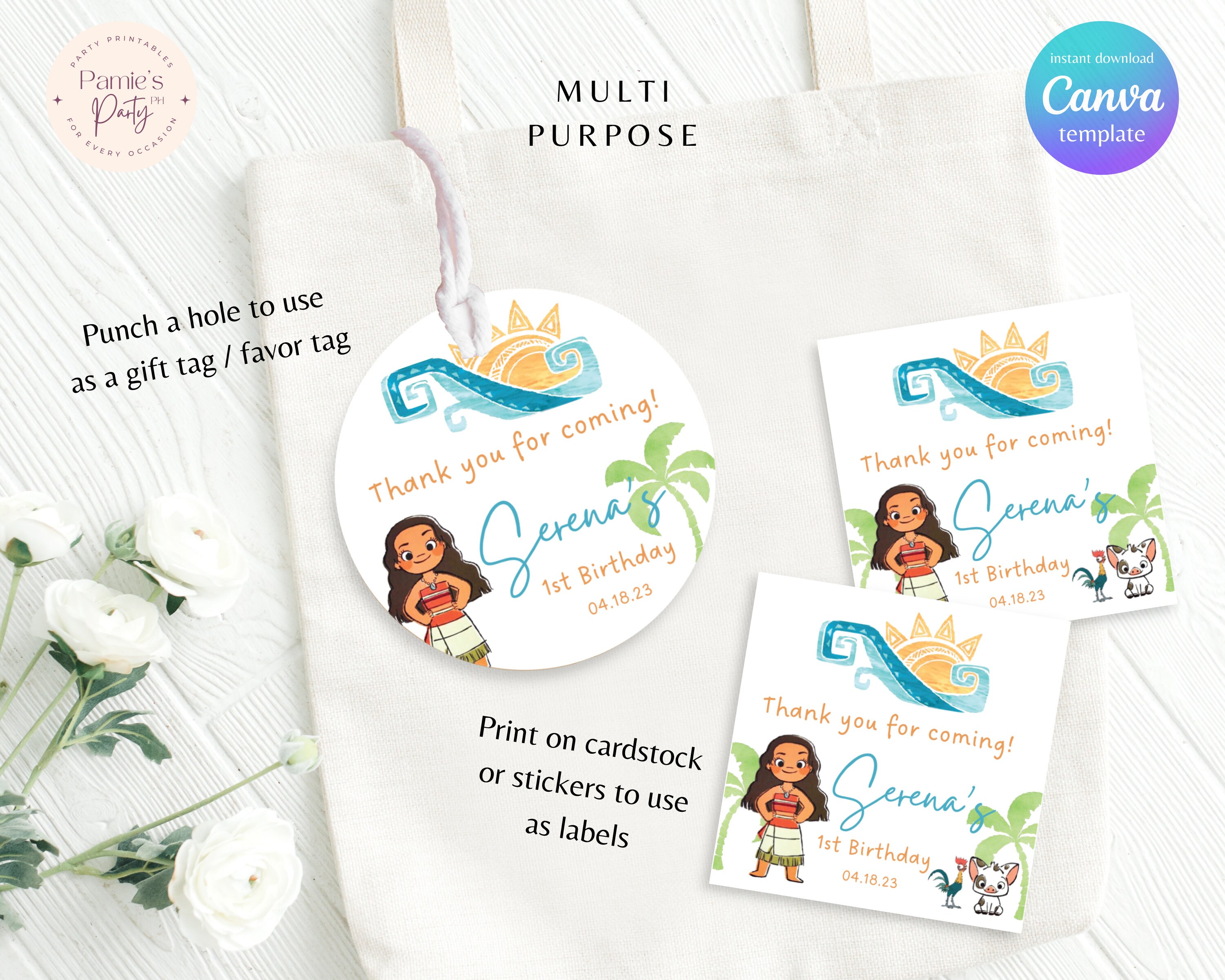 Moana Favor Tags, Moana Sticker Labels, Editable Gift Tags, Bag Labels ...