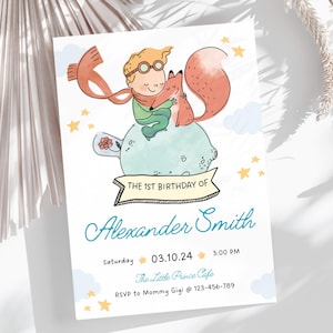 Invitación editable de El Principito, invitación para el primer cumpleaños, fiesta de cumpleaños del príncipe, invitación para niño / Editar con Canva