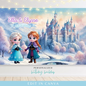 Peut inclure: Une toile de fond d'anniversaire personnalisée représentant une scène hivernale avec un château, deux filles habillées en princesses et le texte "Ella & Elysse 7th Birthday".