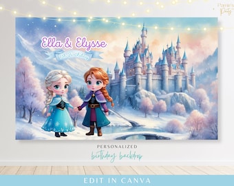 Fondo de cumpleaños con castillo de princesa de invierno, plantilla editable de Canva