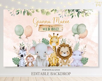 Utskrivbar Wild One-banderoll, pastellfärgad safari-födelsedagsbakgrund, safari-babyshowerdekor, könsneutral fest, djungelsafari-tema, redigerbar canvas
