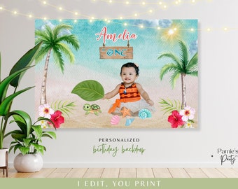 Fondo de cumpleaños personalizado de Moana, pancarta de luau hawaiano (archivo digital)