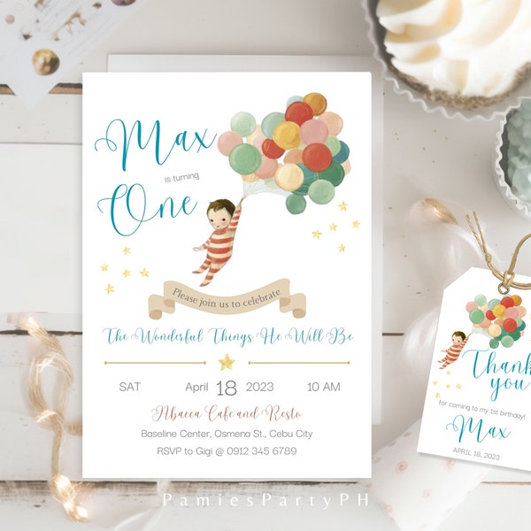 ONEderful Birthday Invitation, The Wonderful Things You Will Be, 1st Birthday Party Invitation, Pastel Balloons, Editable | Edit with Canva