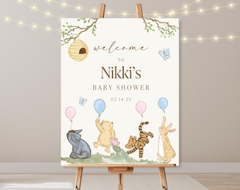 Panneau de bienvenue pour baby shower Winnie l'ourson, ourson classique, imprimable pour baby shower modifiable, signe de bienvenue neutre | Modifier avec Canvas