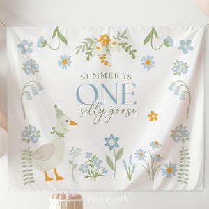 One Silly Goose Birthday Backdrop, Personalized Banner 1st Bday, Wildflower Party Decor, Custom Print Nursery Room Decor, Girl Wall Tapestry