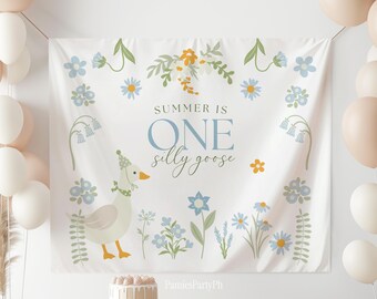 One Silly Goose Birthday Backdrop, Personalized Banner 1st Bday, Wildflower Party Decor, Custom Print Nursery Room Decor, Girl Wall Tapestry