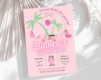 Malibu Pink Birthday Invitation, Tropical Party, Editable Canva Template (Digital Download)