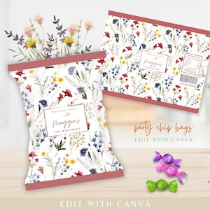 Bewerkbare Wildflower Chip Bag, Lente Verjaardag, Floral Baby Shower, Gepersonaliseerde Gunst Tas, DIY Party Gunsten | Bewerken met Canva
