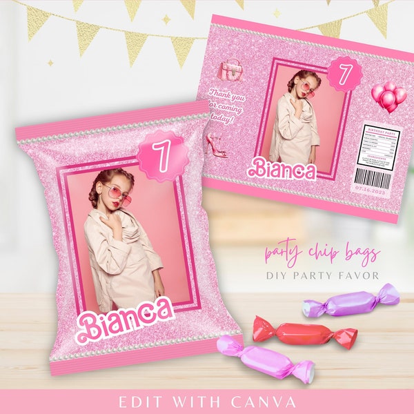 Pink Fashion Doll Chip Bag, Girl Birthday Treat Bags, Pink Favor Bags, DIY Birthday Party Favors, Printable Doll Templates | Edit with Canva