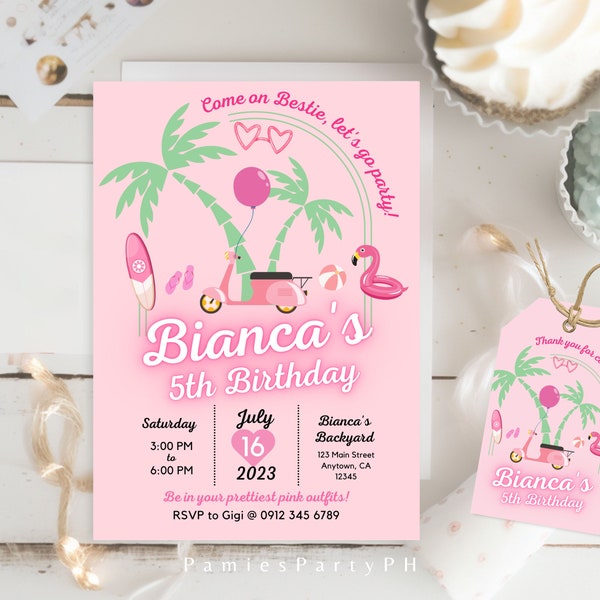 Malibu Pink Doll Editable Birthday Invitation, Pink Birthday Party Invite, Tropical Fashion Party Theme, Summer Malibu | Edit with Canva