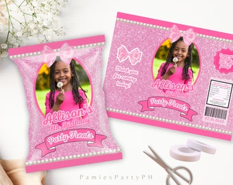 Pink Glitter Editable Chip Bag with Photo, Pink Girl Birthday Candy Bag, Fashion Favor Bag, Pretty in Pink | Edit with Canva