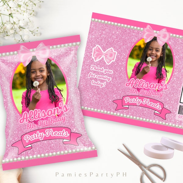 Pink Glitter Editable Chip Bag with Photo, Pink Girl Birthday Candy Bag, Fashion Favor Bag, Pretty in Pink | Edit with Canva