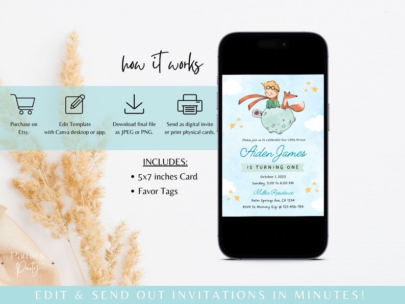 May include: Editable digital invitation for a first birthday party with a Little Prince theme. The invitation features a cartoon illustration of the Little Prince on a planet with a fox. The text on the invitation reads "Aiden James is turning one".