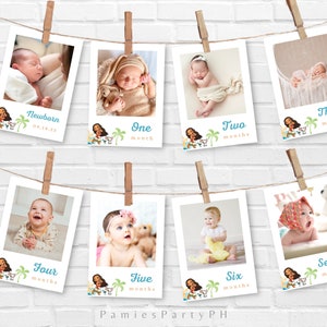 Banner mensal de fotos Moana, Banner de fotos de 1º aniversário, Fotos do primeiro ano do bebê, Cartões de fotos mensais | Editar com Canva