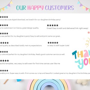 Op de afbeelding: Een digitale download voor een verjaardagsfeest met een regenboogthema. De afbeelding toont een screenshot van klantbeoordelingen met vijfsterrenbeoordelingen en positieve opmerkingen over het product. De tekst "OUR HAPPY CUSTOMERS" en "THANK YOU" zijn ook zichtbaar in de afbeelding.