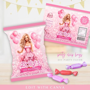 Rosa Modepuppe Chip Beutel, Mädchen Geburtstag Leckerli Beutel, Rosa Favor Taschen, DIY Geburtstag Partygeschenke, Printable Doll Vorlagen | Bearbeitet mit Canva