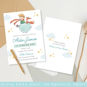 May include: A blue and white invitation for a first birthday party with a cartoon illustration of the Little Prince from the book by Antoine de Saint-Exup&eacute;ry. The invitation features a blue sky with white clouds and yellow stars. The text on the invitation reads "Please join us to celebrate! Our Little Prince Aiden James is turning one. October 1, 2023 Sunday, 3:00 to 6:00 PM Miller Residence Palm Springs Ave, CA 1234 to Mommy Gigi @ 123-456-789"