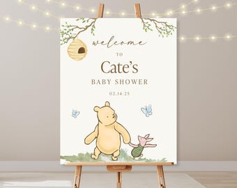 Panneau de bienvenue pour baby shower Winnie l'ourson, ourson classique, imprimable pour baby shower modifiable, signe de bienvenue neutre | Modifier avec Canvas