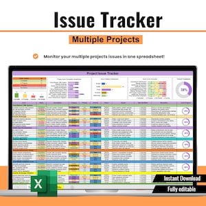May include: A laptop screen displays a spreadsheet titled "Project Issue Tracker." The image includes the text "Issue Tracker," "Multiple Projects," and "Monitor your multiple projects issues in one spreadsheet!" The spreadsheet is fully editable and available for instant download.