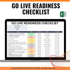 Może przedstawiać: Ekran komputera wyświetlający listę kontrolną dla projektu o nazwie "Go Live Readiness Checklist". Lista kontrolna zawiera zadania, daty docelowe, właścicieli i komentarze. Lista kontrolna jest zorganizowana w formie tabeli z kolumnami dla każdej kategorii.