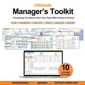 May include: A digital manager's toolkit featuring a laptop displaying a Team KPI Tracker spreadsheet. The graphic includes the text Ultimate Manager's Toolkit, Everything You Need to Run Your Team With Clarity & Control, and 10 manager templates.