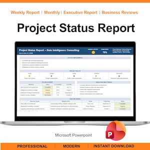 Könnte beinhalten: Ein Laptop-Bildschirm zeigt einen Projektstatusbericht für Data Intelligence Consulting. Das Dokument enthält Abschnitte zu Erfolgen, Projektstatus, Meilensteinen, Zielen für den nächsten Zeitraum sowie Risiken und Problemen, inklusive Microsoft PowerPoint-Logo.