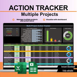 Può includere: Un action tracker digitale con il titolo "ACTION TRACKER" per progetti multipli. Il dashboard mostra il completamento del progetto, le ripartizioni dello stato e l'avanzamento generale. Include icone di file Excel e il testo "Instant Download, Fully editable."