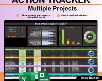 Multi Project Action Tracker | Project Management Excel, Google Sheet | Action Item Tracker | Project Task Tracker | Work Management