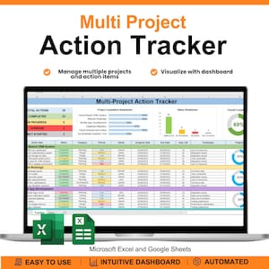 Puede incluir: Un rastreador de acciones multiproyecto digital en la pantalla de una computadora portátil, con una interfaz de hoja de cálculo que muestra gráficos de progreso, estados y listas de tareas. Incluye columnas para elementos de acción, prioridad y responsables.
