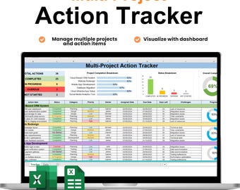 Multi Project Action Tracker | Project Management Excel, Google Sheet | Action Item Tracker | Project Task Tracker | Work Management