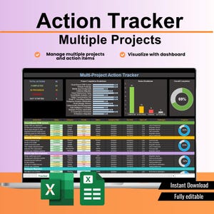 May include: A digital action tracker spreadsheet displayed on a laptop screen, featuring project completion breakdowns, status charts, and task lists. The interface includes text labels like Action Tracker, Multiple Projects, and project data tables.